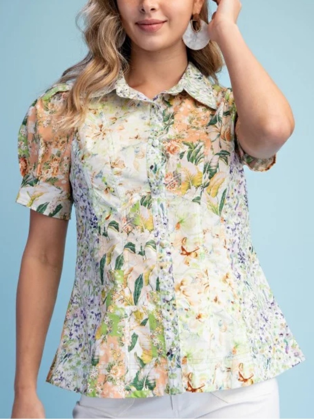 Pastel Floral Short-Sleeve Button Front Blouse